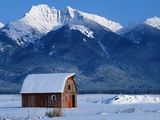 Snow Covered Barn and Mountain