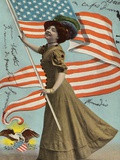 Postcard of Woman Waving American Flag