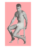 Man in Jockey Shorts on Stool with Pink Background