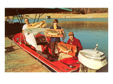 People in Motor Boat Holding Plaques with Fish