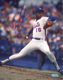 Doc Gooden Mets Pinstripe Jersey Pitching Vertical (Signed in Blue)