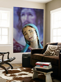 Folk Statue of Our Lady of Guadalupe with Image of Jesus Christ in Background