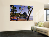 Palm Trees and Fishing Boats on Soufriere Beach with One of the Pitons in the Background