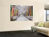 Colourful Japanese Style Flags Along Walkway Leading to Daigoji Temple Complex after Snowfall