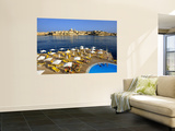 Valletta Skyline with Tourists Relaxing around Pool in Foreground