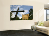 Cross and Herbst Castle in Dolomites Mountains