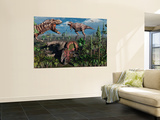 Two T Rex Dinosaurs Confront Each Other over a Dead Triceratops
