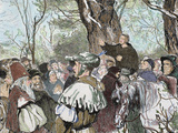 German Reformer  Luther's Preaching to the Crowd in Moera Colored Engraving from 1882