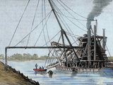 Construction of the Panama Canal Works in the Estuary of the Rio Grande Colored Engraving  1886