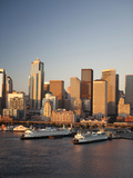 Aerial View of Ferrys on Elliott Bay and Downtown Seattle  Washington  Usa