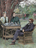 Drinking Coffee in the Garden  Colored Engraving  1876