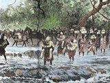 Explorers Crossing a Stream in the Mountains  Nienieya  Sudan  Colored Engraving of 1892