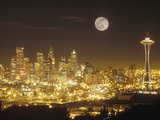 Moonrise over Nighttime Seattle  Washington  Usa