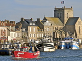 Harbour and Fishing Boats With Houses and Church in the Background  Barfleur  Normandy  France