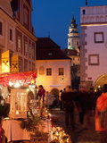 Stalls at Christmas Market With Renaissance Tower  Svornosti Square  Cesky Krumlov  Czech Republic