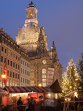 Christmas Market Stalls in Front of Frauen Church and Christmas Tree at Twilight  Dresden