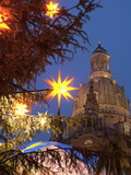 Christmas Market Stalls in Front of Frauen Church and Christmas Tree at Twilight  Dresden