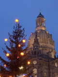 Christmas Tree and Frauen Church at Christmas Market at Twilight  Dresden  Germany