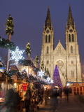 Stalls of the Christmas Market  Christmas Tree and Neo-Gothic St Ludmilla Church  Prague