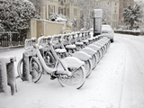 Rows of Hire Bikes in Snow  Notting Hill  London  England  United Kingdom  Europe