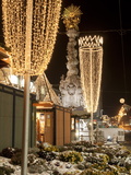 Snow-Covered Flowers  Christmas Decorations and Baroque Trinity Column at Christmas Market  Austria