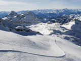 Skiers  Mountain Scenery in Cervinia Ski Resort  Cervinia  Valle D'Aosta  Italian Alps  Italy