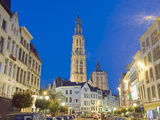 Tower of Onze Lieve Vrouwekathedraal and Street Illuminated at Night  Antwerp  Flanders  Belgium