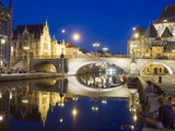 Reflection of Arched Bridge and Waterfront Town Houses  Ghent  Flanders  Belgium  Europe