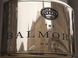 Buildings Reflected in the Balmoral Hotel's Name Plate  Princes Street  Edinburgh  Scotland  Uk