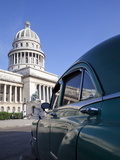 Old American Car Parked Near the Capitolio Building  Havana  Cuba  West Indies  Central America