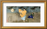 A Triptych of Fujiwara No Yasumasa Playing the Flute by Moonlight