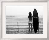 Model with Black Surfboard Standing on Boardwalk and Watching Wave on Beach