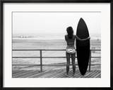 Model with Black Surfboard Standing on Boardwalk and Watching Wave on Beach