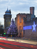 Cardiff Castle with Christmas Lights and Traffic Light Trails  Cardiff  South Wales  Wales  United 