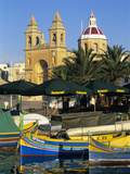 Harbour with Luzzu Fishing Boats and Marsaxlokk Parish Church  Marsaxlokk  Malta  Mediterranean  Eu