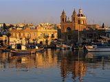 Harbour with Luzzu Fishing Boats and Marsaxlokk Parish Church at Sunrise  Marsaxlokk  Malta  Medite