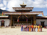 Local Women in National Dress Lined Up Ready to Dance During the Gangtey Tsechu at Gangte Goemba  G