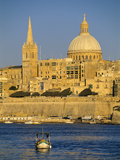 View at Sunset to Valletta with Dome of Carmelite Church  Valletta  Malta  Mediterranean  Europe