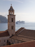 The Tower of Dominican Monastery with Cruise Ship  from Dubrovnik Old Town Walls  Dubrovnik  Croati