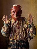 Buddhist Monk Wearing Carved Wooden Mask Waiting for the Next Dance During Gangtey Tsechu at Gangte