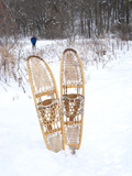 Snowshoes Sticking Out of Snow with Skiier in Background  Minnesota  United States of America  Nort