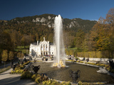 Linderhof Castle with Fountain in Pond and Alps Behind  Bavaria  Germany  Europe