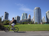 Cyclist Passing Apartment Blocks  False Creek  Vancouver  British Columbia  Canada  North America