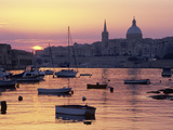 Sunrise over Msida Creek to Valletta with Dome of Carmelite Church  Valletta  Malta  Mediterranean 