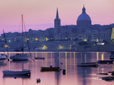 Sunrise over Msida Creek to Valletta with Dome of Carmelite Church  Valletta  Malta  Mediterranean 