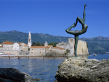 Statue and View of Old Town  Budva  the Budva Riviera  Montenegro  Europe