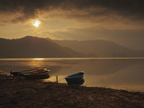 Local Fishing Boats on Phewa Lake at Sunset  Gandak  Nepal  Asia