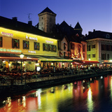 Canal Side Restaurants Below the Chateau at Dusk  Annecy  Lake Annecy  Rhone Alpes  France  Europe