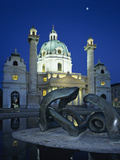 Karlskirche at Night with Henry Moore Sculpture in Foreground  Vienna  Austria  Europe
