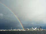 A Rainbow Lands on a Washington State Ferry in the Puget Sound with the Seattle Skyline in the Back